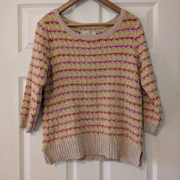 Ann Taylor LOFT Crew Neck Crop Sweater Beige w/Fuchsia Orange & Yellow Size M - Picture 1 of 5